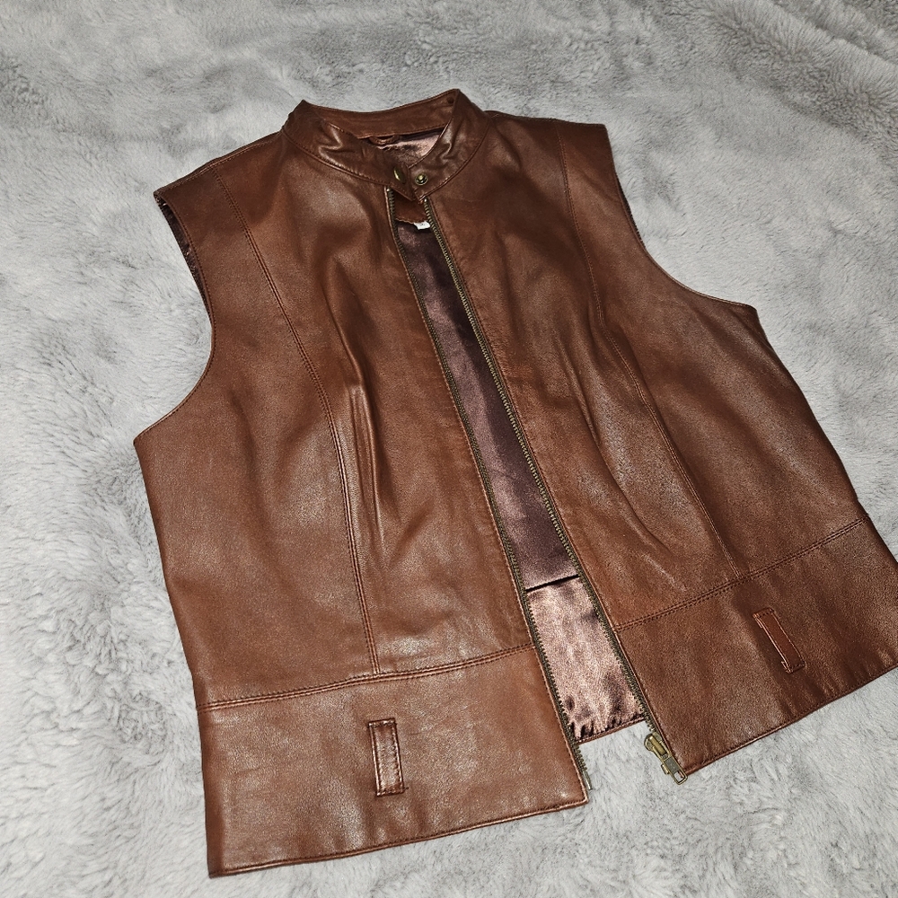Cabi Leather Vest Women's Size Medium Brown Sleeveless Jacket Full Zip - Picture 4 of 11